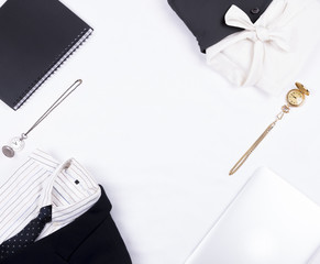 Flat lay of business or office formal suits. Male and female clothes.