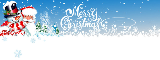 Christmas card with Santa Claus and Snowman Merry Christmas. Text Merry Christmas. Vector illustration
