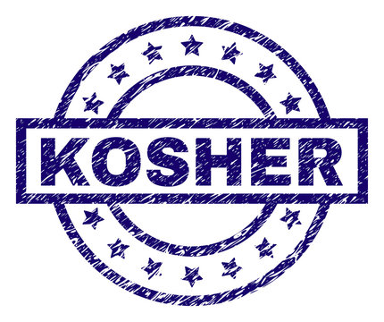 KOSHER seal imprint with dirty texture. Designed with rectangle, circles and stars. Blue vector rubber print of KOSHER label with dirty texture.