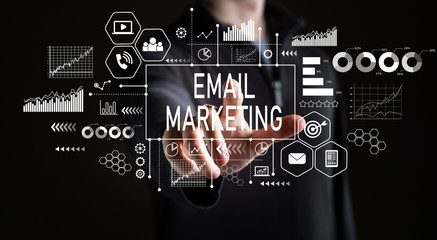 Email marketing with businessman on a black background 