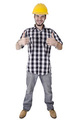 Construction worker giving two thumbs-up sign, isolated on white background.