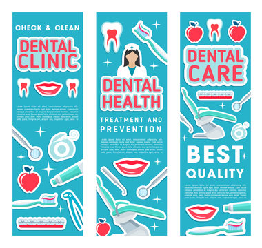 Vector banners of dental health clinic treatments