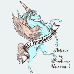 Beautiful T-shirt print vector design with blue unicorn. Believe in handsome unicorns