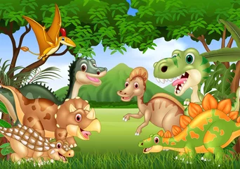 Poster Chambre denfants Dinosaures heureux de dessin animé vivant dans la jungle