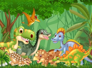 Naklejka premium Kreskówka szczęśliwe dinozaury żyjące w dżungli