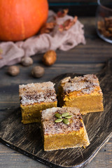 Homemade pumpkin bars with sugar-cinnamon crust