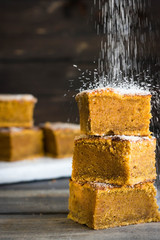 Homemade pumpkin bars with sugar-cinnamon crust