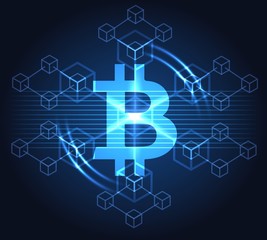 Blue bitcoin background. Internet virtual money, exchange electronic currency and crypto mining vector illustration for globe business