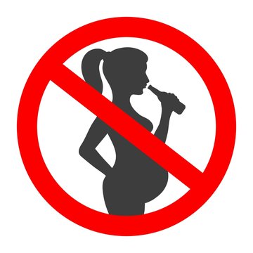Pregnant no drink sign. Red prohibition alcohol warning responsibility sign with pregnant woman silhouette and bottle of beer in hand