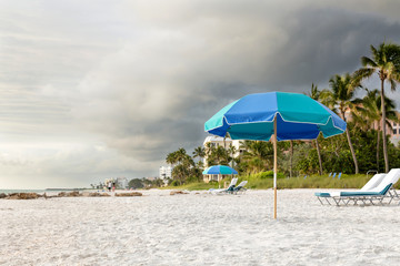 Panoramic view of a Beach in Naples at early morning with the sun coming up in a summer sunny day, Florida, USA.