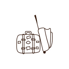Travel bags ready for vacations. Summer luggage suitcase and leather bag with stickers. Retro style. Vector hand drawn doodle illustration icons.