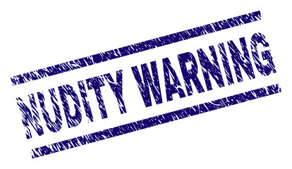 NUDITY WARNING seal print with scratced style. Blue vector rubber print of NUDITY WARNING caption with grunge texture. Text tag is placed between parallel lines.