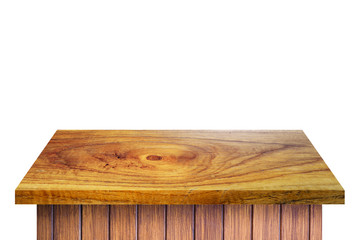 Empty vintage brown wood Shelf Table isolated on white background. for montage of your product