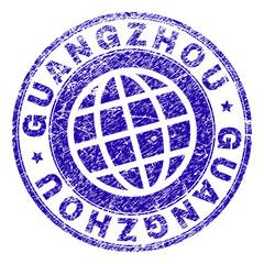 GUANGZHOU stamp print with grunge texture. Blue vector rubber seal print of GUANGZHOU tag with corroded texture. Seal has words placed by circle and planet symbol.