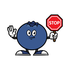 Cartoon Blueberry Character Holding Stop Sign