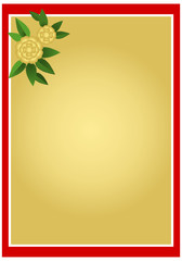 Obraz premium Golden rose blossom Flower and green leaf decorated stationery Pad background vector border frame texture template