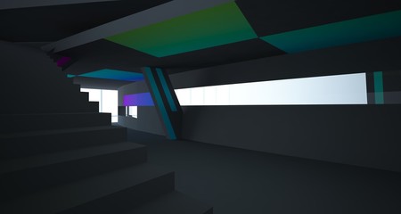 Obraz premium Abstract white and colored gradient interior multilevel public space with window. 3D illustration and rendering.