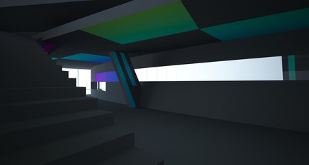 Abstract white and colored gradient  interior multilevel public space with window. 3D illustration and rendering.