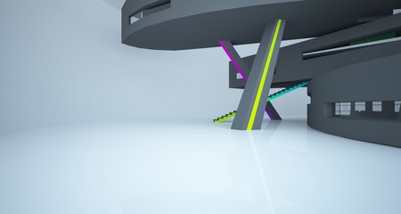 Abstract white and colored gradient  interior multilevel public space with window. 3D illustration and rendering.