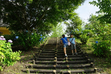Fototapeta na wymiar 夏の小道を歩く子供たち　公園　　階段　初夏