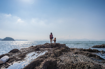 Fototapeta na wymiar Golden retriever and Girl on the rocks by the sea
