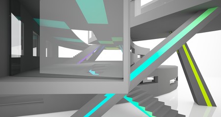 Abstract white and colored gradient  interior multilevel public space with window. 3D illustration and rendering.