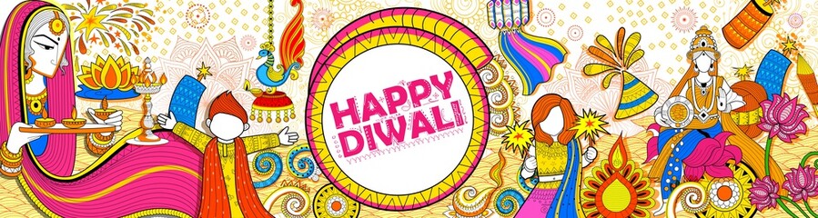 Kid celebrating happy Diwali Holiday doodle background for light festival of India