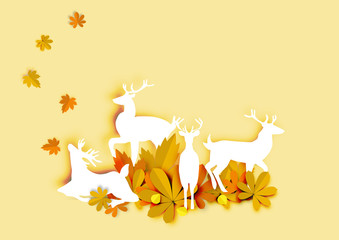 Autumn background with deer sit on the leaf in paper art design vector and illustration