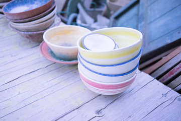 Ceramic dishes in working process. Creating ceramic pieces. Tradicional ceramic factory in spain