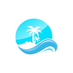 palm tree with the waves of ocean at beach vector logo design