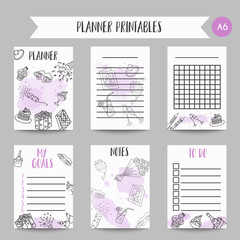 Birthday party doodle pintable cards. Vector template printables for poster, invitation, flyer, party, wedding, brochure with hand drawn party elements Organizer and note