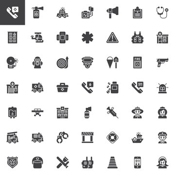 Emergency services vector icons set, modern solid symbol collection, filled style pictogram pack. Signs, logo illustration. Set includes icons as Hospital phone, Fire extinguisher, Police car