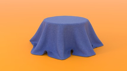 3d illustration of Round table covered with blue fabric isolated on orange background 