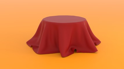 3d illustration of Round table covered with red fabric isolated on orange background 