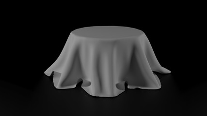 
3d illustration of Round table covered with white fabric isolated on black background 