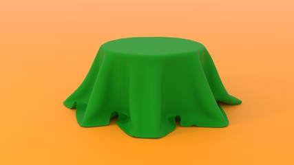 3d illustration of Round table covered with green fabric isolated on orange background 