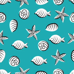 marine life on a blue background. seamless pattern