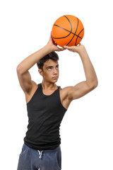 Teenager  with sportswear playing basketball. White background.