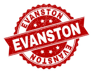 EVANSTON seal print with corroded surface. Rubber seal imitation has circle medallion form and contains ribbon. Red vector rubber print of EVANSTON title with corroded texture.