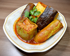 mix mahshe - the stuffed vegetable marrow with rice, chicken and pine nuts. Arabic cuisine.