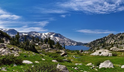 Wind River Range, Rocky Mountains, Wyoming, views from backpacking hiking trail to Titcomb Basin from Elkhart Park Trailhead going past Hobbs, Seneca, Island, Upper and Lower Jean Lakes as well as Pho