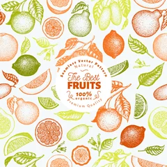 Fotobehang Citrus fruits seamless pattern. Hand drawn vector fruit illustration. Engraved style. Vintage citrus background. © lubovchipurko