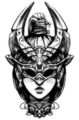 Girl with a pigtail, in an unusual mask, resembling a beetle