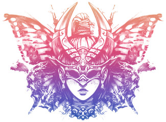 Fototapeta premium Girl with a pigtail, in an unusual mask, resembling a beetle
