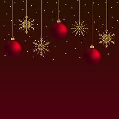 Three red vector hanging Christmas balls with gold snowflakes an