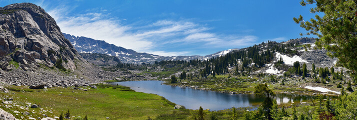 Wind River Range, Rocky Mountains, Wyoming, views from backpacking hiking trail to Titcomb Basin from Elkhart Park Trailhead going past Hobbs, Seneca, Island, Upper and Lower Jean Lakes as well as Pho