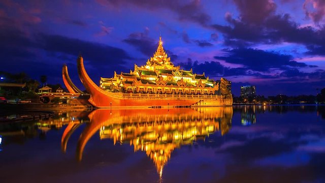 4K Timelapse of Karaweik palace at Kandawgyi Nature Park in Yangon of Myanmar