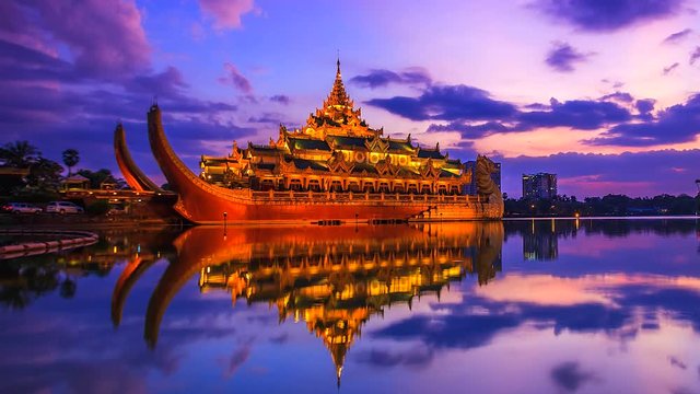 4K Timelapse of Karaweik palace at Kandawgyi Nature Park in Yangon of Myanmar