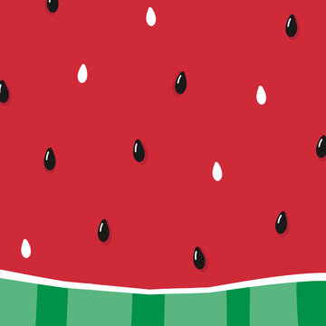 Cute cartoon vector watermelon slice, pulp with seeds square background, card, banner template. 