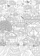 cute cityscape with hot air balloons in sky for your coloring bo